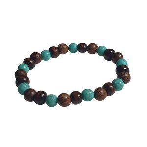 Natural Wood Blue Bead Stretch Bracelet Handmade Unique Elastic Design Gift